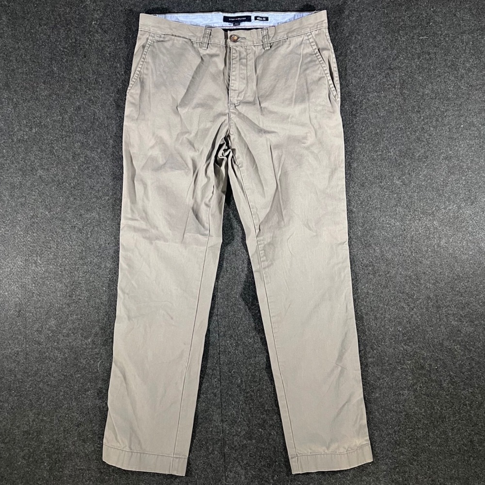 Tommy Hilfiger Chino Pants Mens 34x32 Tan Khaki Slim Fit Cotton Casual Trousers